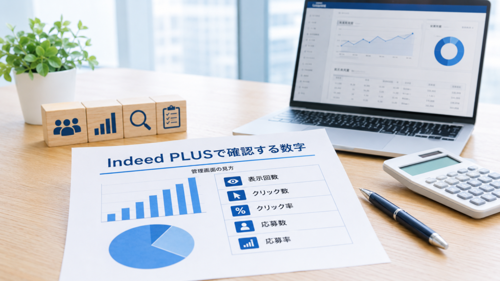 Indeed PLUSの管理画面で確認する数字(表示回数・クリック数・クリック率・応募数・応募率)の見方をまとめた資料とノートパソコン