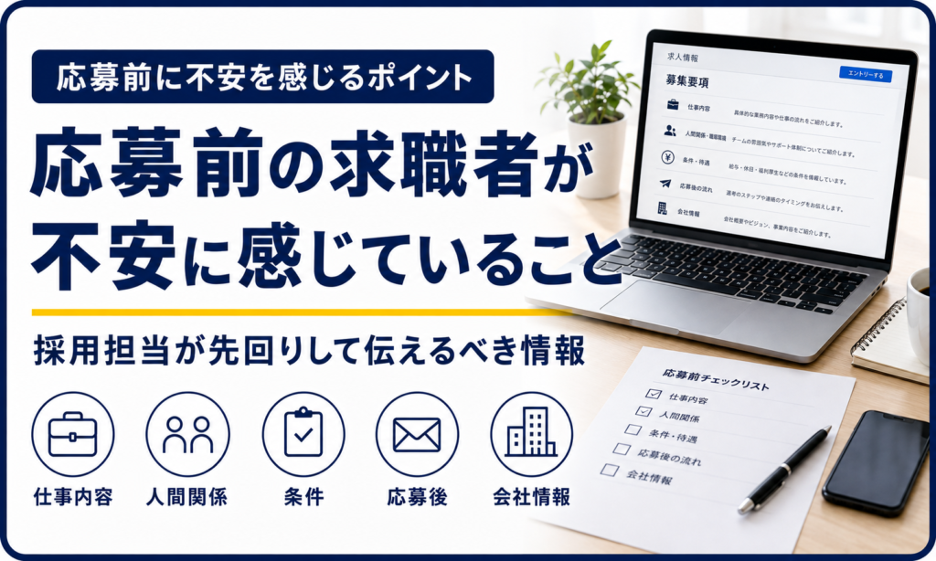 「なんとなく不安」で応募されない会社の特徴と、採用担当が先回りして伝えるべき情報を示すバナー画像