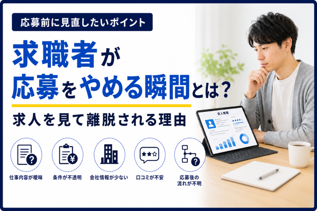 求職者が応募をやめる瞬間とは何か、求人を見て離脱される理由を示すバナー画像