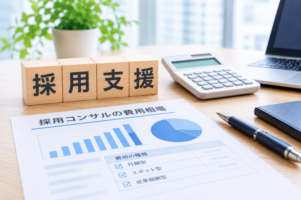 採用支援の費用相場を示す資料。月額型・スポット型・成果報酬型など費用の種類を比較