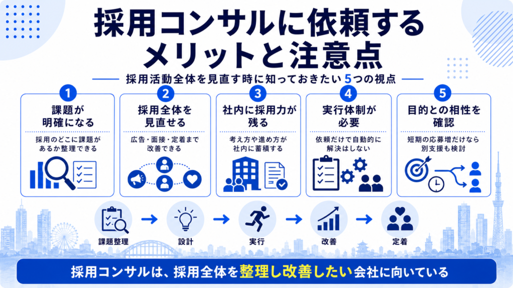 採用コンサルに依頼するメリットと注意点。採用活動全体を見直す時に知っておきたい5つの視点