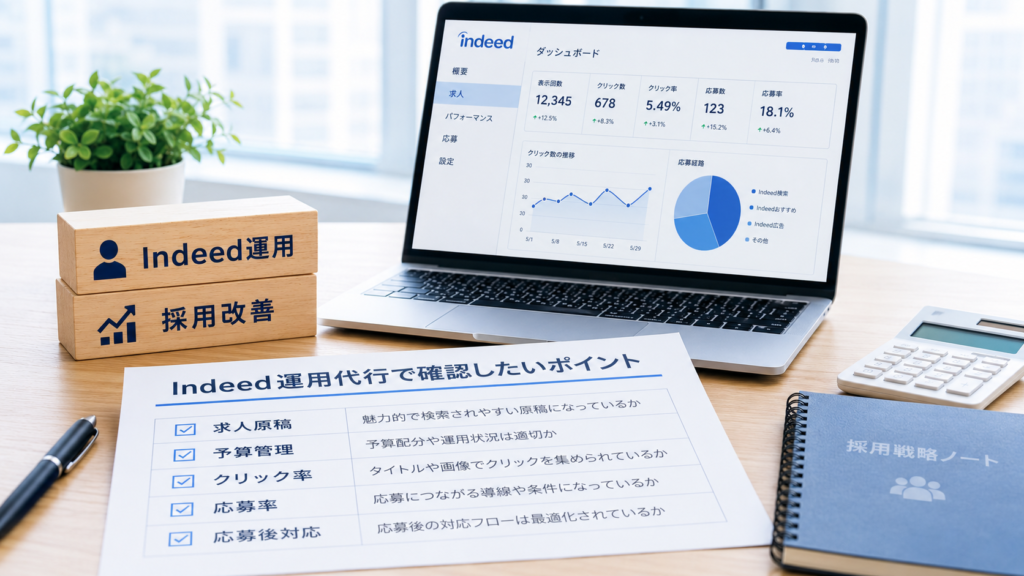 Indeedの管理画面と、Indeed運用代行で確認したいポイント(求人原稿・予算管理・クリック率・応募率・応募後対応)をまとめたチェックリスト