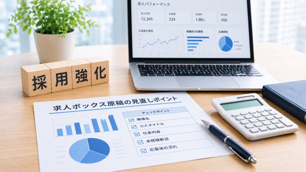 求人ボックスの求人パフォーマンス画面と、掲載前に見直すチェックポイント(職種名・求人タイトル・仕事内容・未経験歓迎・応募後の流れ)をまとめた資料