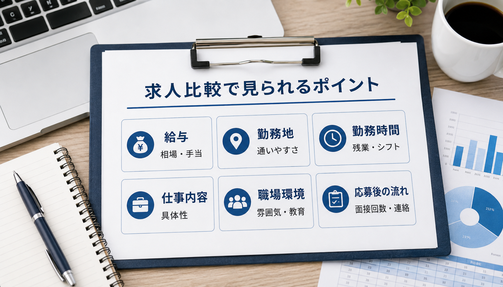 求人比較で見られる6つのポイントをまとめた図