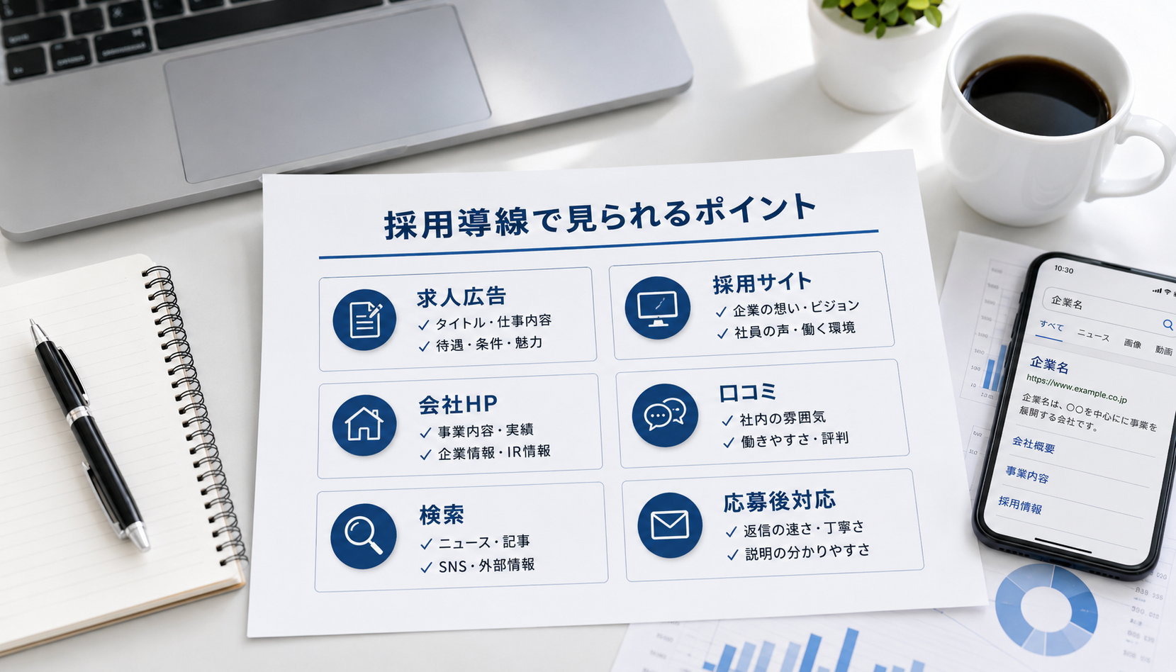 採用導線で見られる6つのポイントをまとめた図