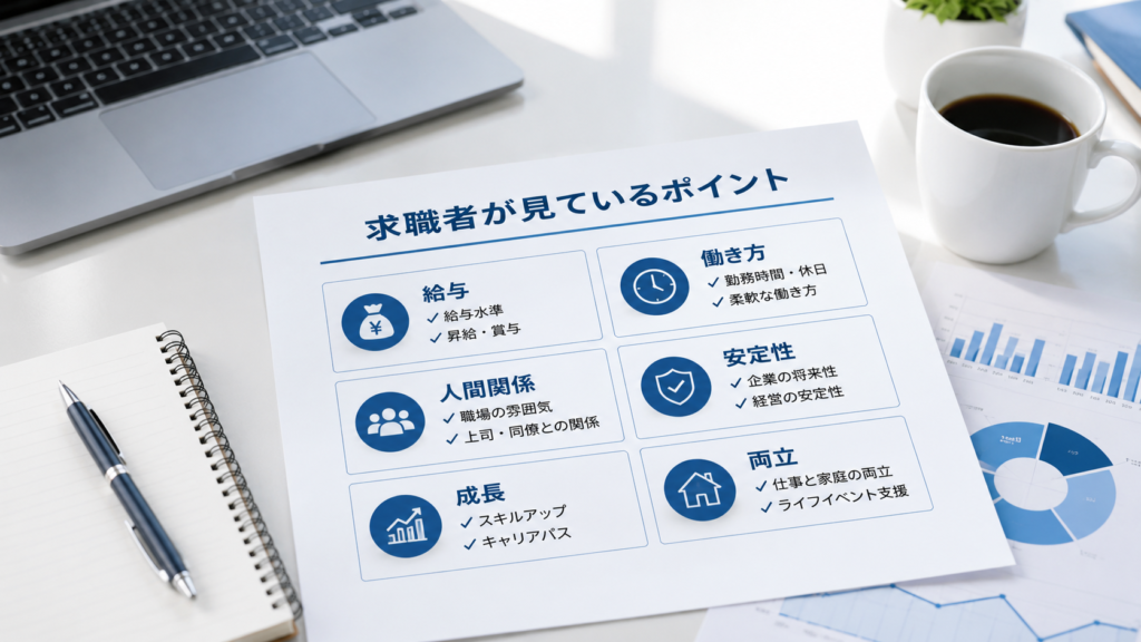 求職者が給与以外に見ているポイント（働き方・人間関係・安定性・成長・両立）をまとめた資料