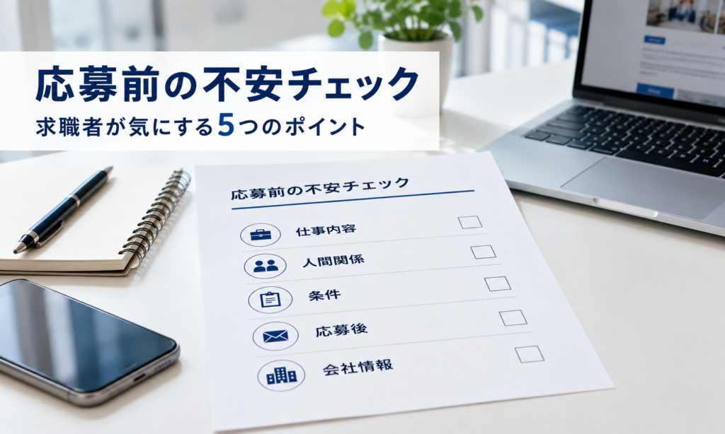 応募前の不安チェックとして求職者が気にする5つのポイント（仕事内容・人間関係・条件・応募後・会社情報）をまとめた資料