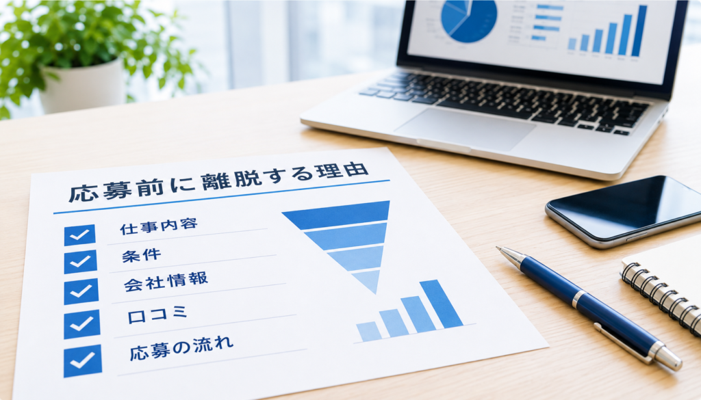 応募前に離脱する理由(仕事内容・条件・会社情報・口コミ・応募の流れ)をチェックリストとファネル図でまとめた資料