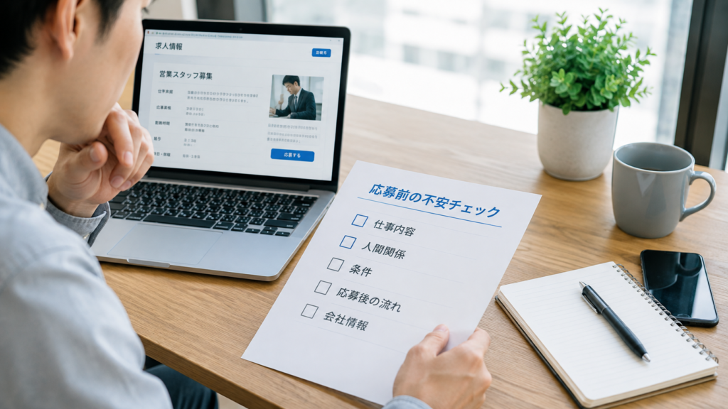 求人情報を見ながら応募前の不安チェック(仕事内容・人間関係・条件・応募後の流れ・会社情報)を確認する求職者の資料